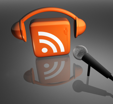 This is a picture of an orange RSS feed symbol wearing headphones